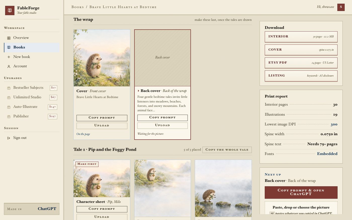 The FableForge studio: every page on its own card with its prompt, the pictures dropped in and measured